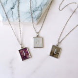 Personalized 16" Silver Plated Bezel Rectangle Rainbow Gemstone Letter Necklace, You Choose Stone and Letter KZ034-N