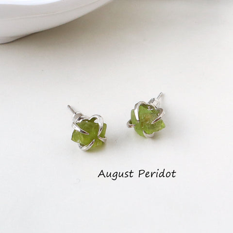 Silver Plated Claw Raw Birthstone Stud Earrings, Strawberry Quartz Peridot Garnet Post Earrings, Healing Gemstone Jewelry BT010