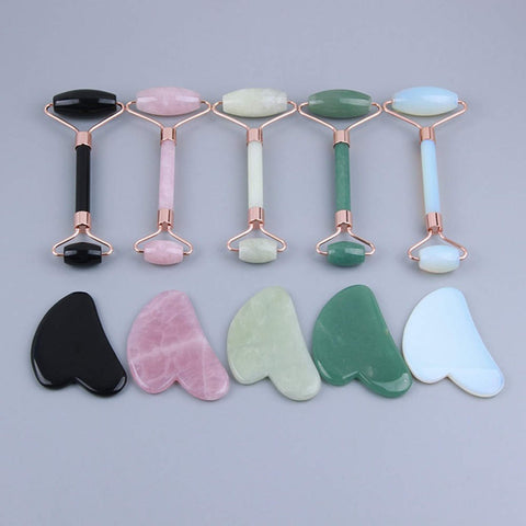 1 Set of Natural Gemstone Jade Roller & Gua Sha Tools, Crystal Facial Massager Face Skin Care Beauty AL445