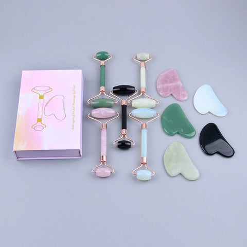 1 Set of Natural Gemstone Jade Roller & Gua Sha Tools, Crystal Facial Massager Face Skin Care Beauty AL445