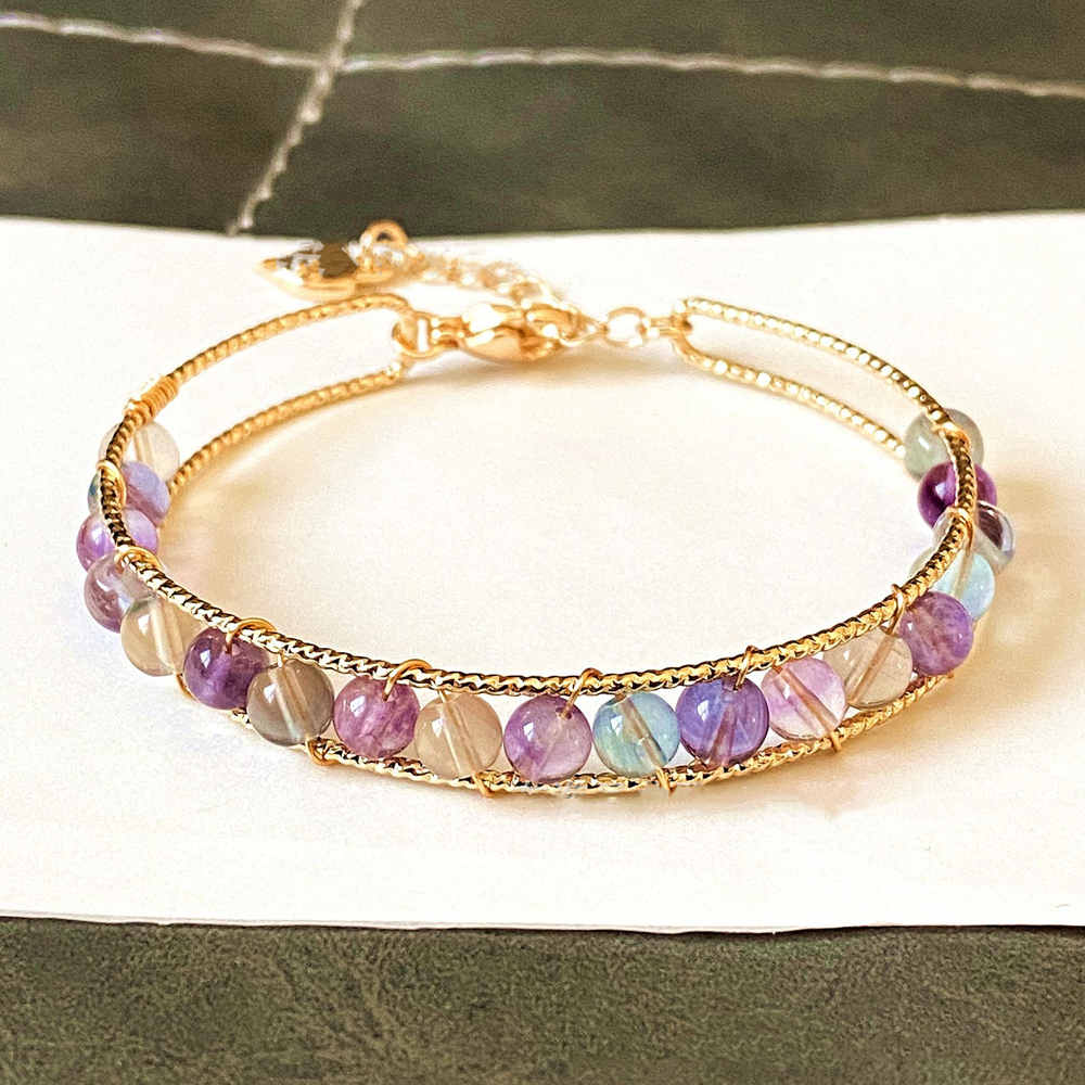 14K Gold Wrapped Fluorite Labradorite Tourmaline Bracelet, Pearl Aquamarine Rose Quartz Agate Beads Bracelet AL046