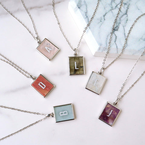 Personalized 16" Silver Plated Bezel Rectangle Rainbow Gemstone Letter Necklace, You Choose Stone and Letter KZ034-N