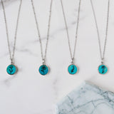 Silver Round Natural Turquoise Carved Birth Month Flower Pendant Necklace, Gemstone Coin Jewelry KZ013