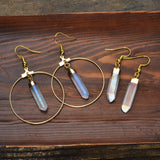 Gold Plated Angel Aura Quartz Point Hoop Earrings, Titanium AB White Crystal, Healing Jewelry HUS053