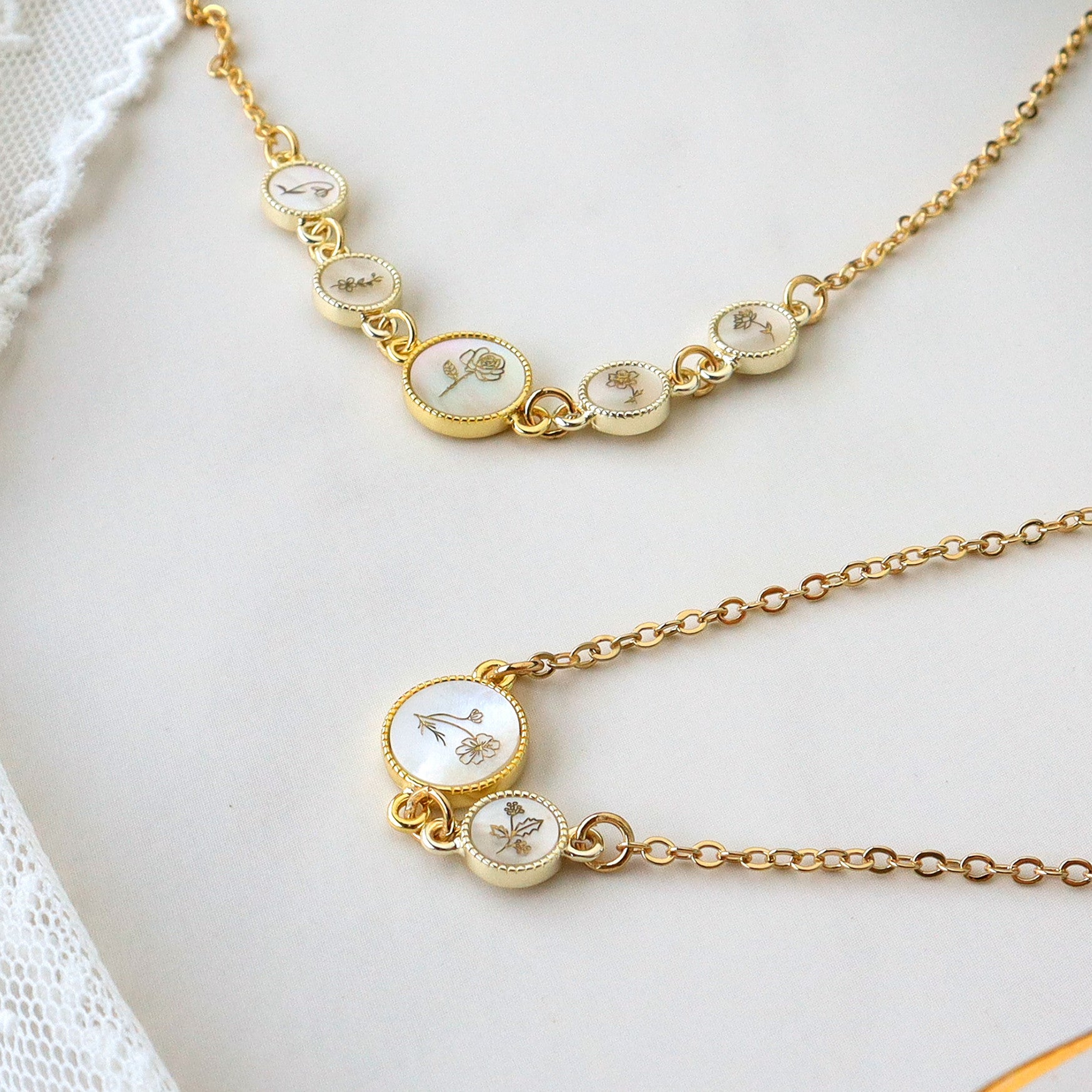 16" Gold Plated Round White Shell Necklace, Carved Birth Month Flower, Customized Jewelry KZ020