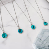 Silver Round Natural Turquoise Carved Birth Month Flower Pendant Necklace, Gemstone Coin Jewelry KZ013