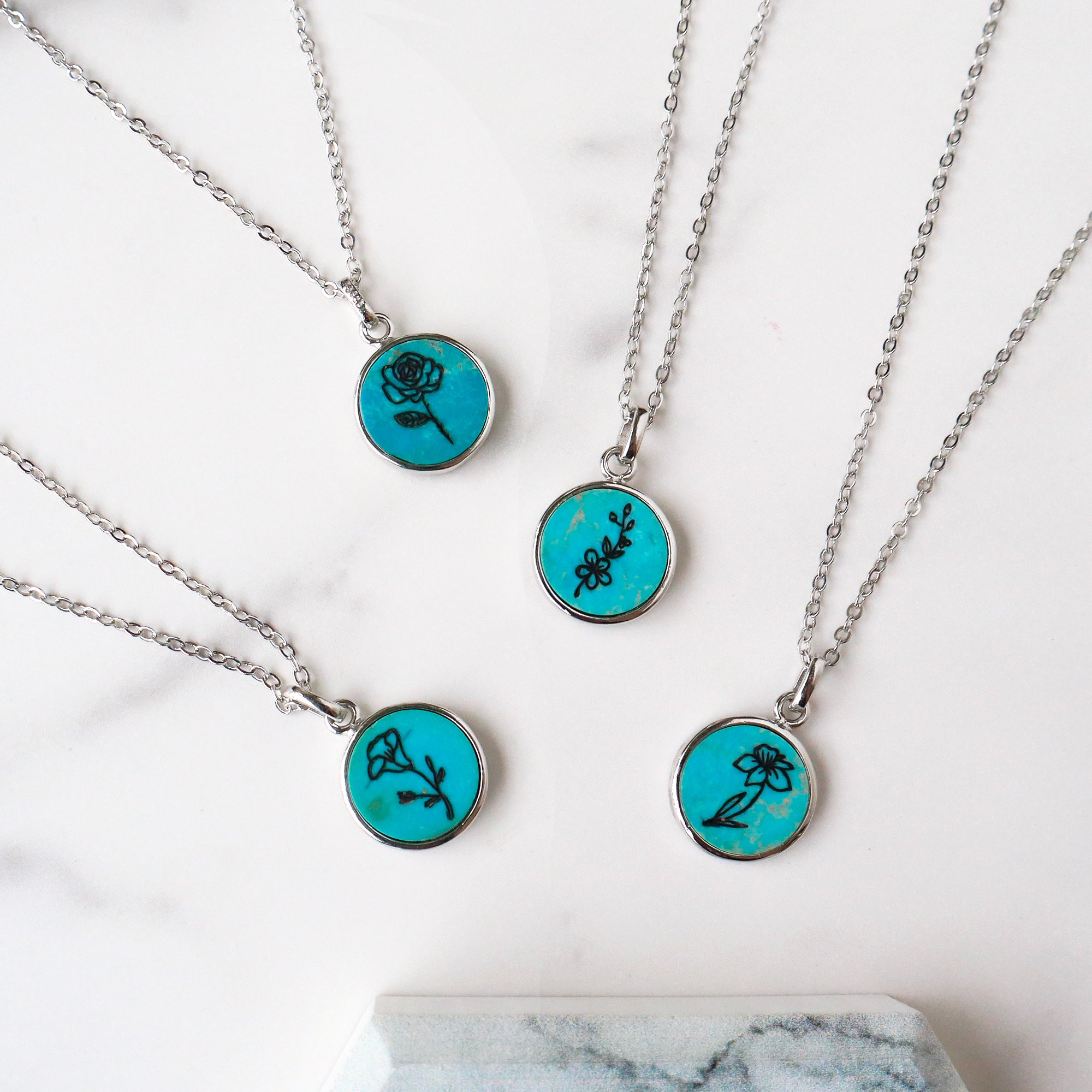 Silver Round Natural Turquoise Carved Birth Month Flower Pendant Necklace, Gemstone Coin Jewelry KZ013