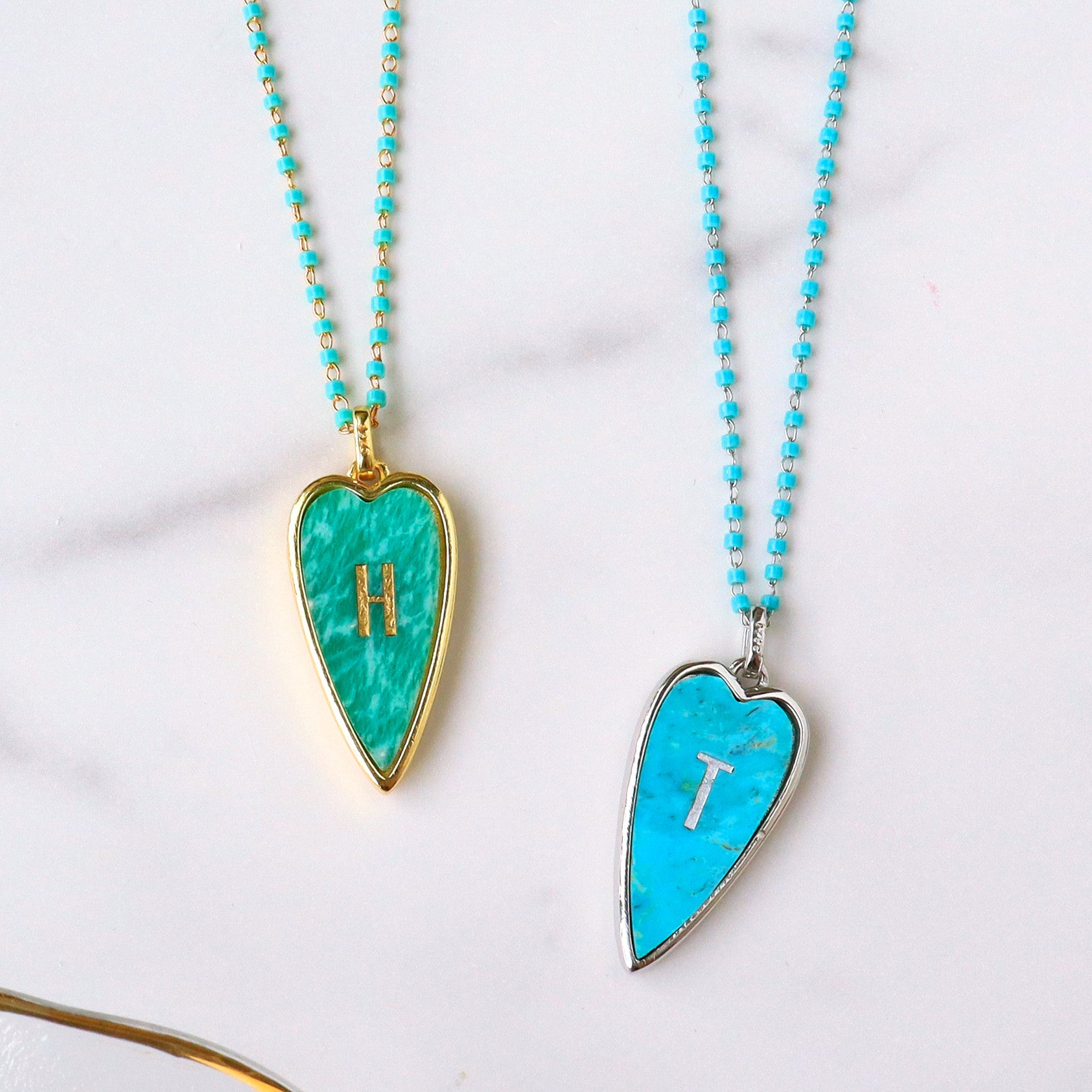 Gold/Silver Plated Natural Gemstone Heart Necklace, Carved Letter, Rosary Chain, Natural Amazonite Genuine Turquoise Heart Necklace, Love Jewelry KZ030