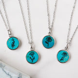 Silver Round Natural Turquoise Carved Birth Month Flower Pendant Necklace, Gemstone Coin Jewelry KZ013