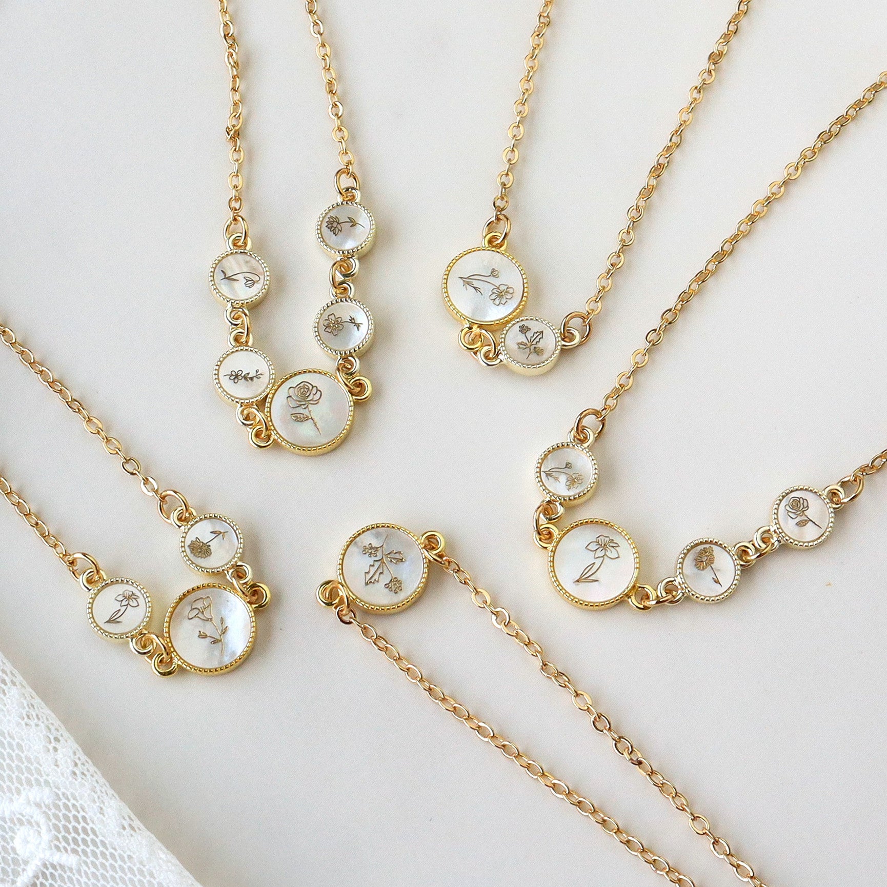 16" Gold Plated Round White Shell Necklace, Carved Birth Month Flower, Customized Jewelry KZ020
