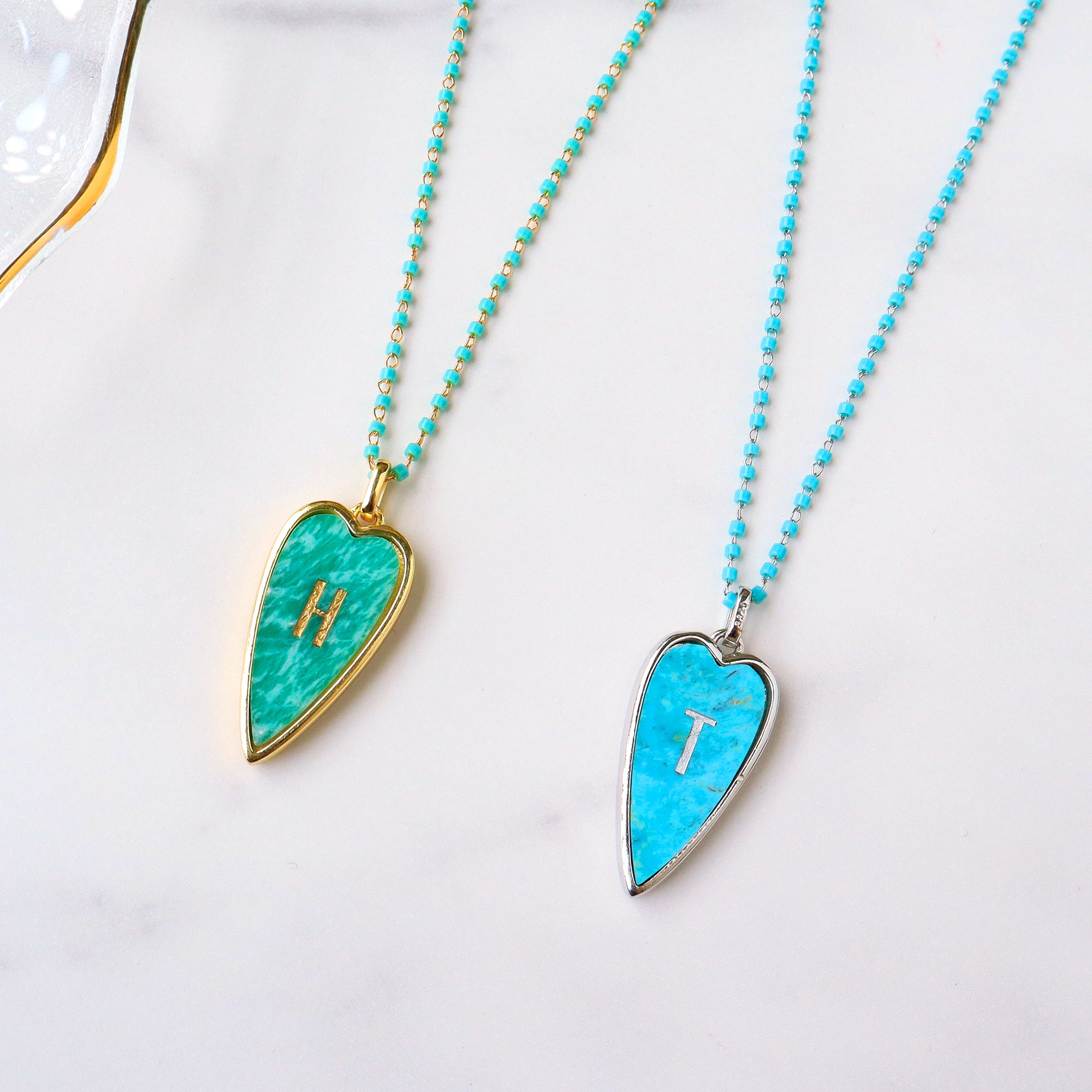 Gold/Silver Plated Natural Gemstone Heart Necklace, Carved Letter, Rosary Chain, Natural Amazonite Genuine Turquoise Heart Necklace Jewelry KZ030