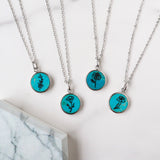 Silver Round Natural Turquoise Carved Birth Month Flower Pendant Necklace, Gemstone Coin Jewelry KZ013