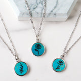 Silver Round Natural Turquoise Carved Birth Month Flower Pendant Necklace, Gemstone Coin Jewelry KZ013