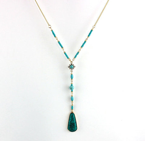 Long Blue Howlite Turquoise Gold Necklace AL074