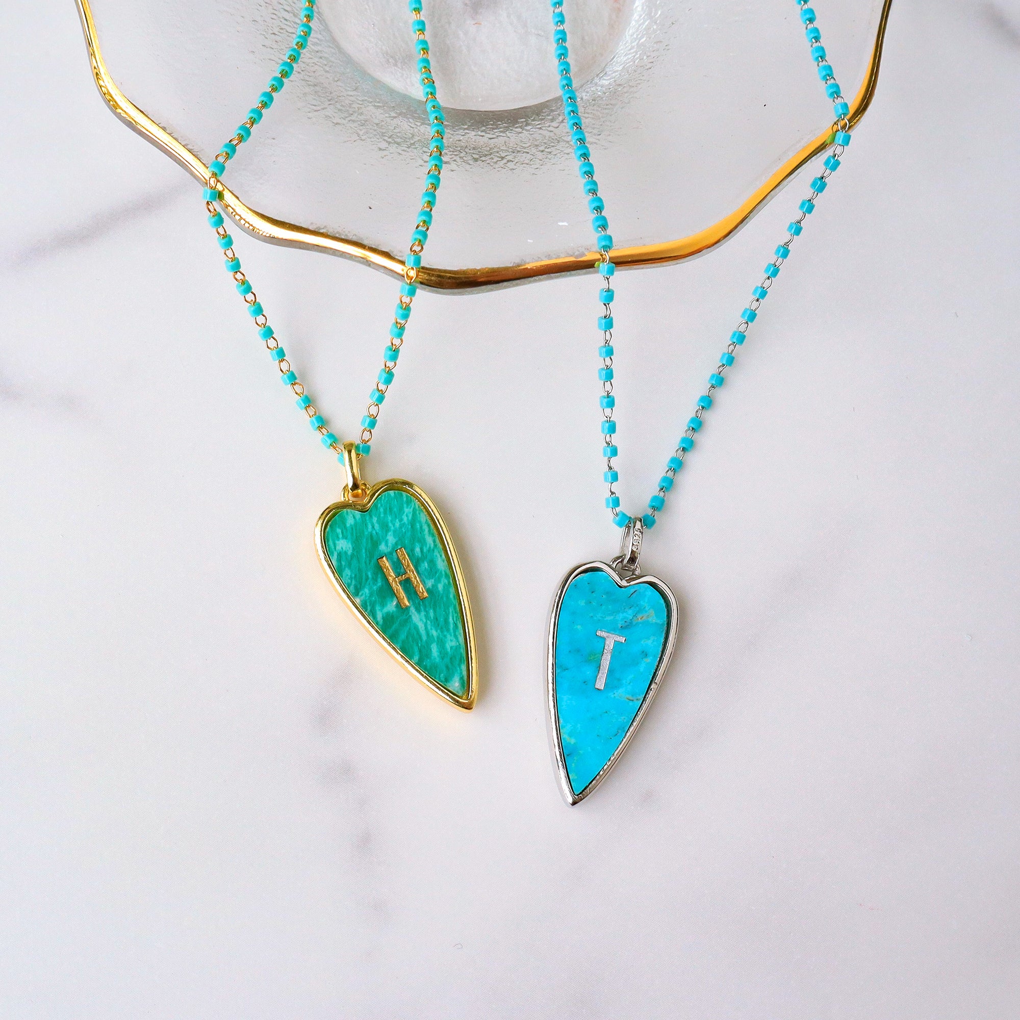 Gold/Silver Plated Natural Gemstone Heart Necklace, Carved Letter, Rosary Chain, Natural Amazonite Genuine Turquoise Heart Necklace Jewelry KZ030