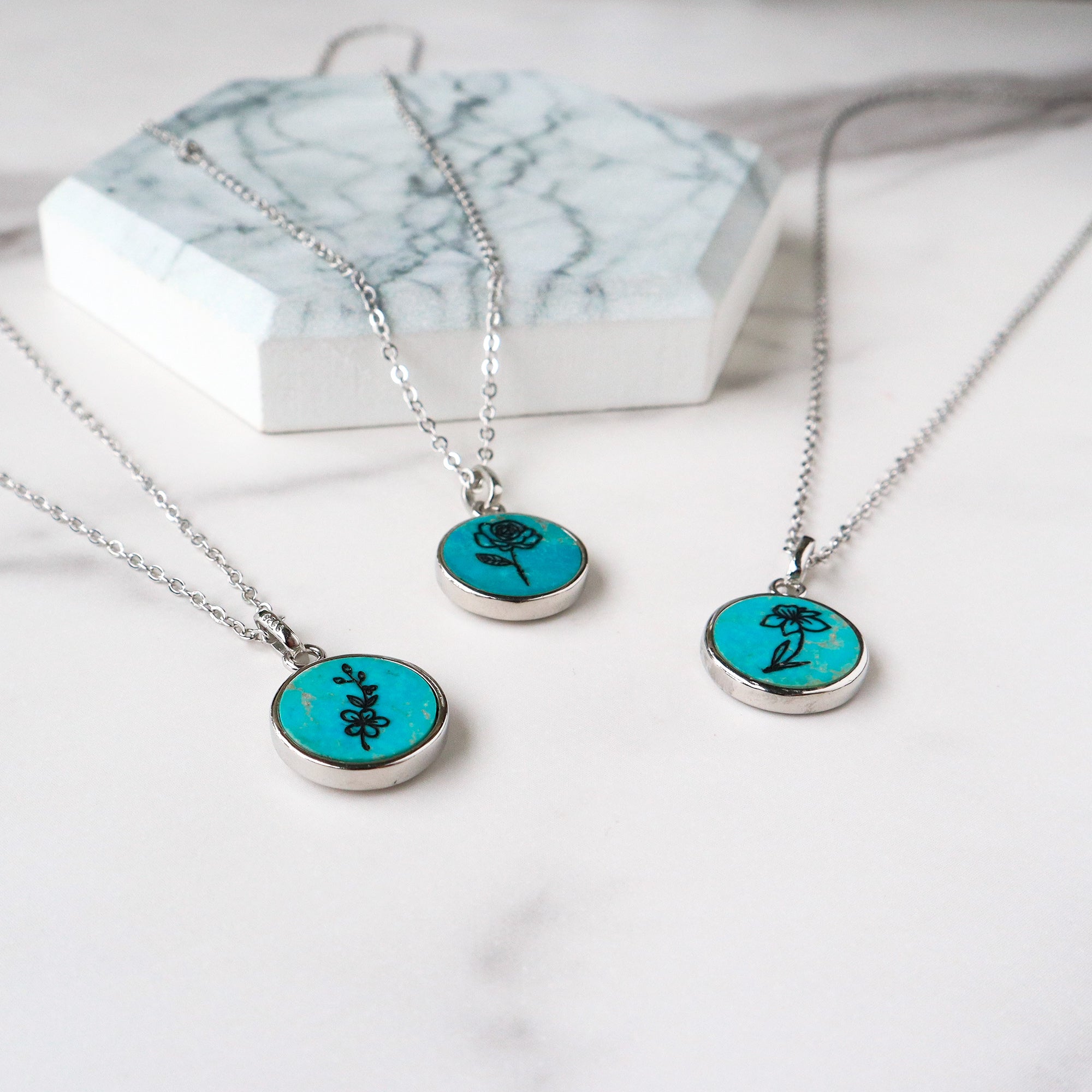 Silver Round Natural Turquoise Carved Birth Month Flower Pendant Necklace, Gemstone Coin Jewelry KZ013