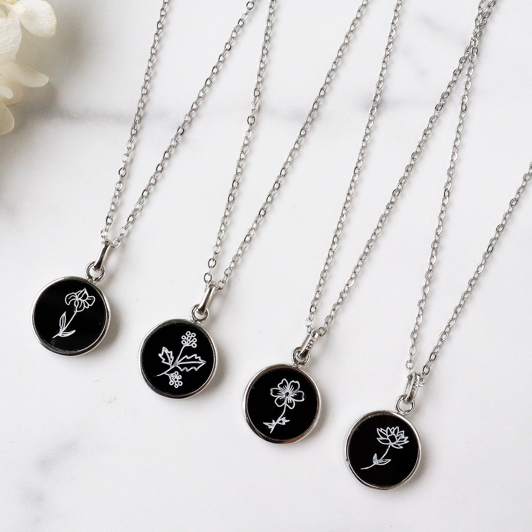 Silver Round Black Obsidian Carved Birth Month Flower Pendant Necklace, Natural Gemstone Coin Jewelry KZ014