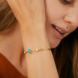 Skinny Gold Plated Brass Oval Blue Howlite Turquoise & White Opal Open Bracelet, Gemstone Adjustable Cuff AL587