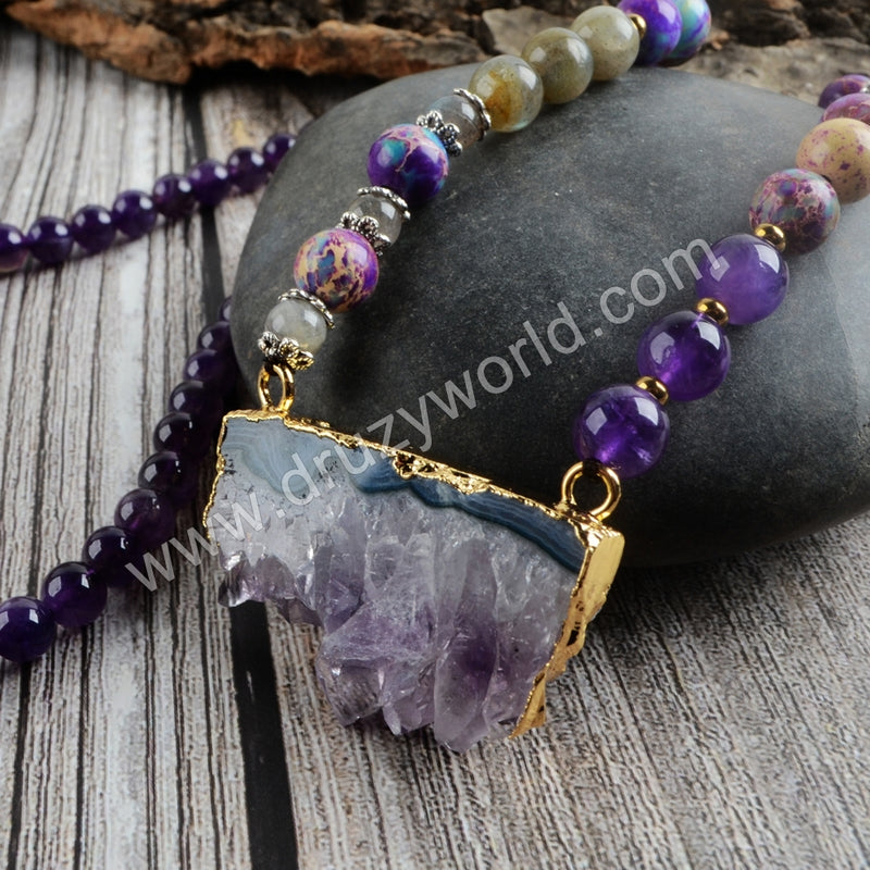 Gold Natural Amethyst Slice Necklace, 6mm Amethyst Quartz Bead, Healing Crystal Gemstone Beaded Necklaces, Lady Fashion Gift Jewelry HD0181