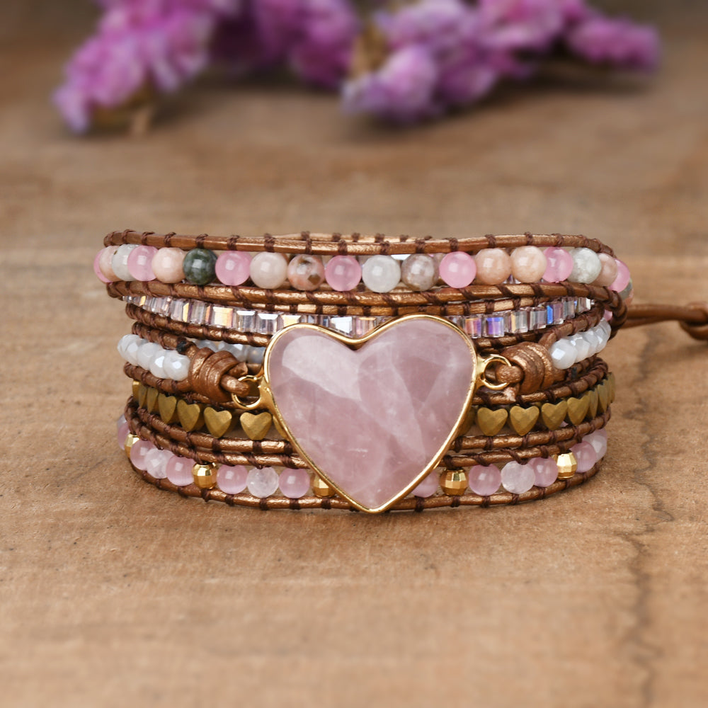 Heart Gold Plated Natural Rose Quartz Bracelet, Layer Leather Rope Wire Rrap, Meditation Protection Inspiring Pink Gemstone Bead Bracelet, Healing Crystal Stone Jewelry HD0374