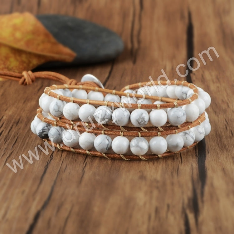 Bohemian Gypspy White Howlite 6mm Beads 2-Layers Leather Wrap Bracelet, Handmade Gemstone Jewelry HD0096