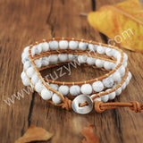 Bohemian Gypspy White Howlite 6mm Beads 2-Layers Leather Wrap Bracelet, Handmade Gemstone Jewelry HD0096