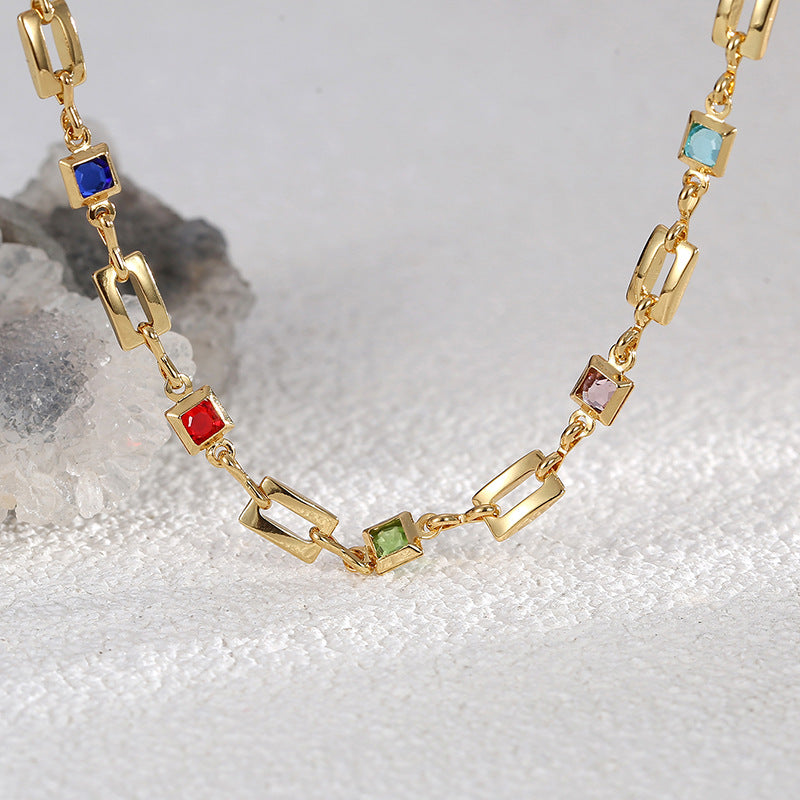 Wholesale 18" Gold Plated Brass Rainbow Zircon Necklace, Rectangle CZ Link Chain Necklace Jewelry AL581