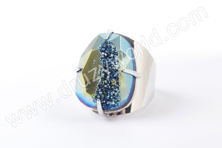 Claw Natural Titanium Druzy Faceted Ring For Women Silver Plated ZS0312