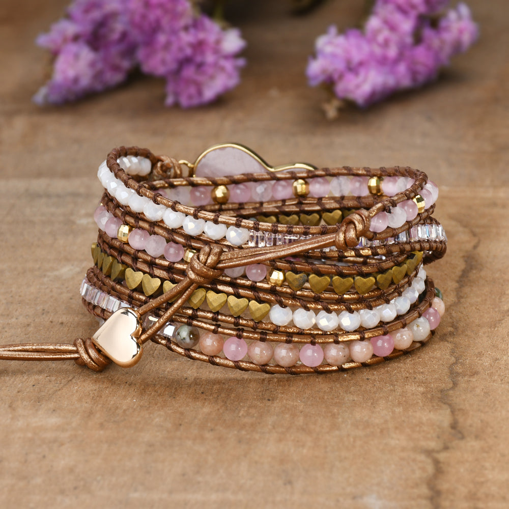 Heart Gold Plated Natural Rose Quartz Bracelet, Layer Leather Rope Wire Rrap, Meditation Protection Inspiring Pink Gemstone Bead Bracelet, Healing Crystal Stone Jewelry HD0374
