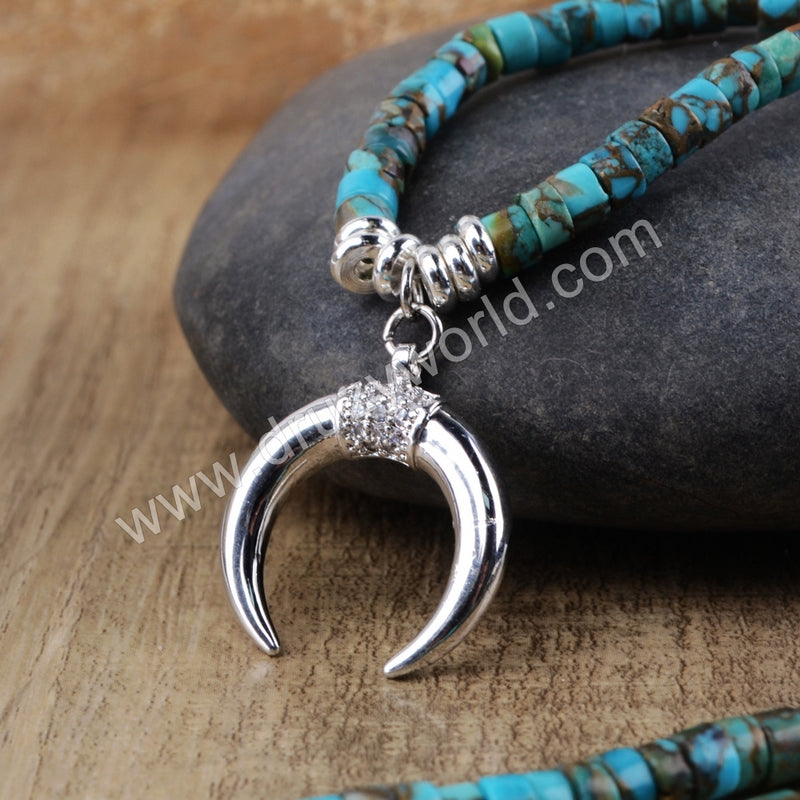 CZ Silver Crescent Moon 4mm Natural Copper Turquoise Beads Necklace, Handmade Boho Jewelry  HD0155