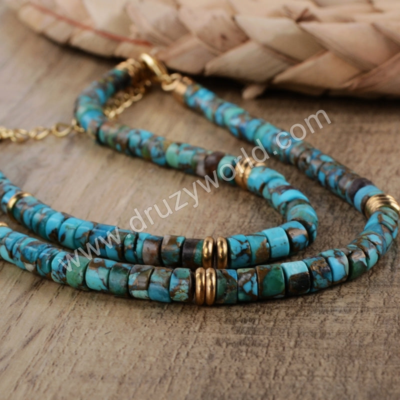 CZ Gold Crescent Moon 4mm Natural Copper Turquoise Beads Necklace Boho Jewelry HD0154