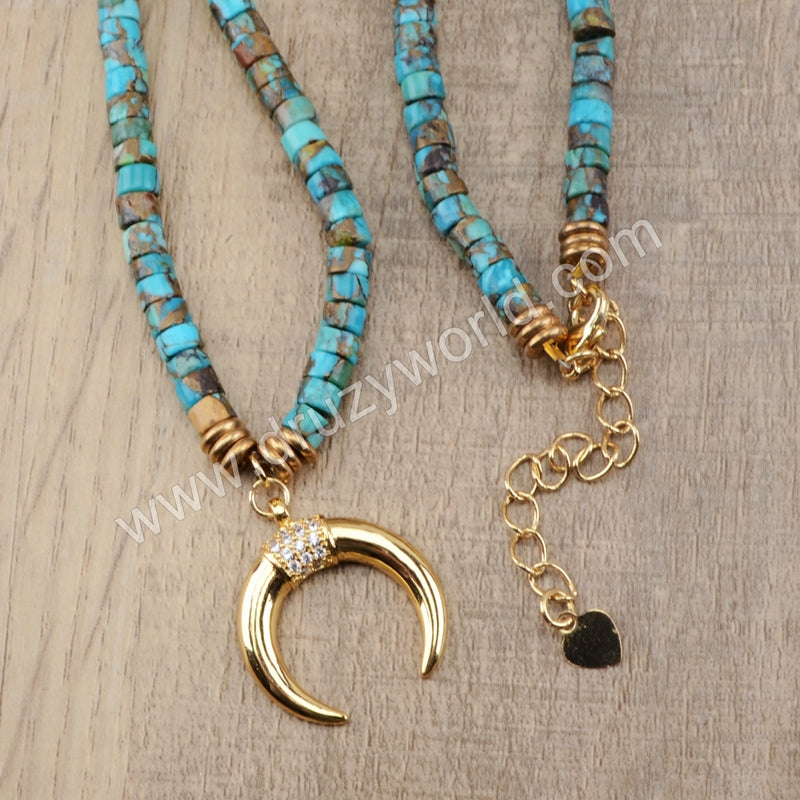CZ Gold Crescent Moon 4mm Natural Copper Turquoise Beads Necklace Boho Jewelry HD0154