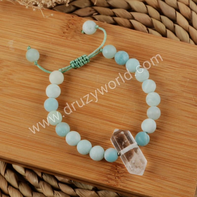 White Quartz Healing Point 8mm Amazonite Beads Adjustable Bracelet HD0156