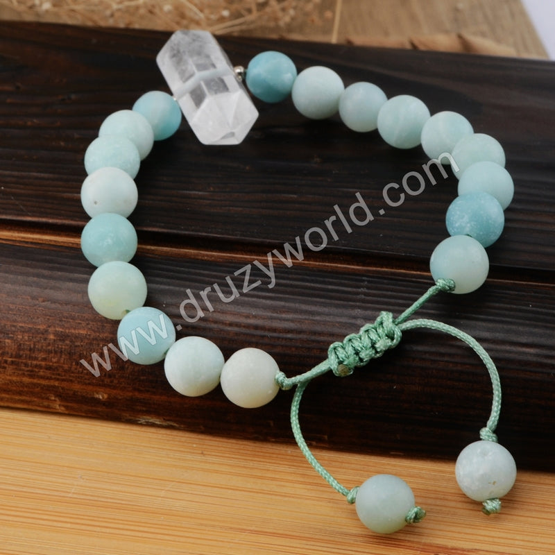 White Quartz Healing Point 8mm Amazonite Beads Adjustable Bracelet HD0156