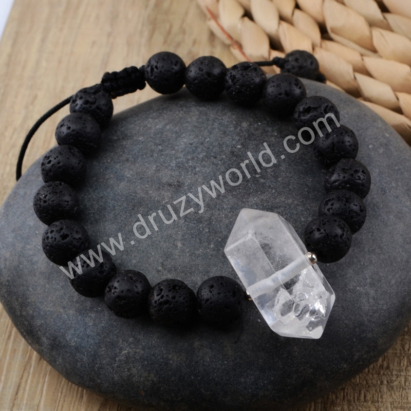 White Quartz Healing Point 8mm Lava Stone Beads Adjustable Bracelet HD0158