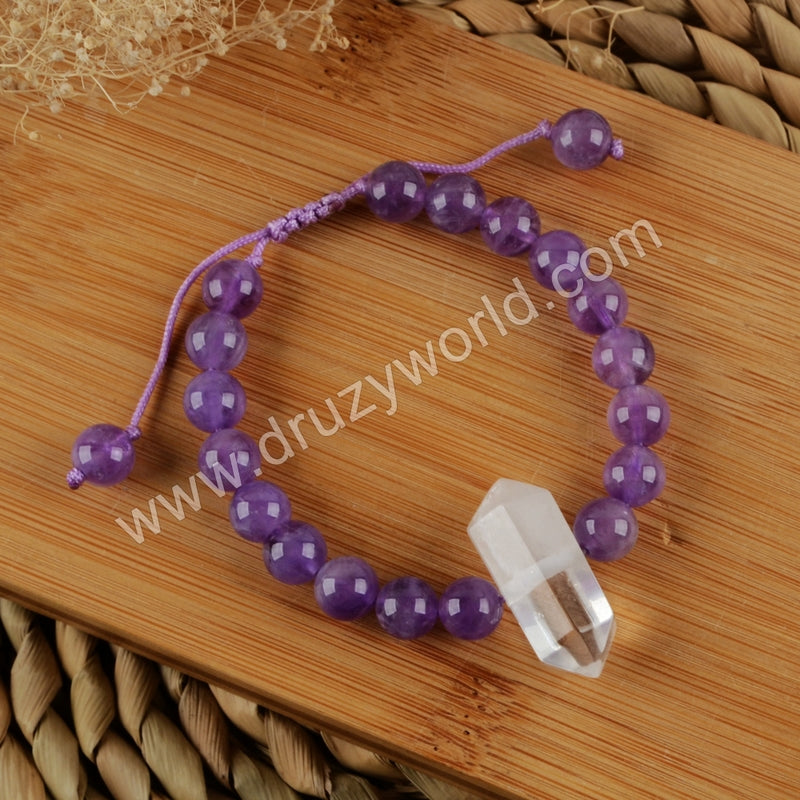 White Quartz Healing Point 8mm Amethyst Beads Adjustable Bracelet HD0159