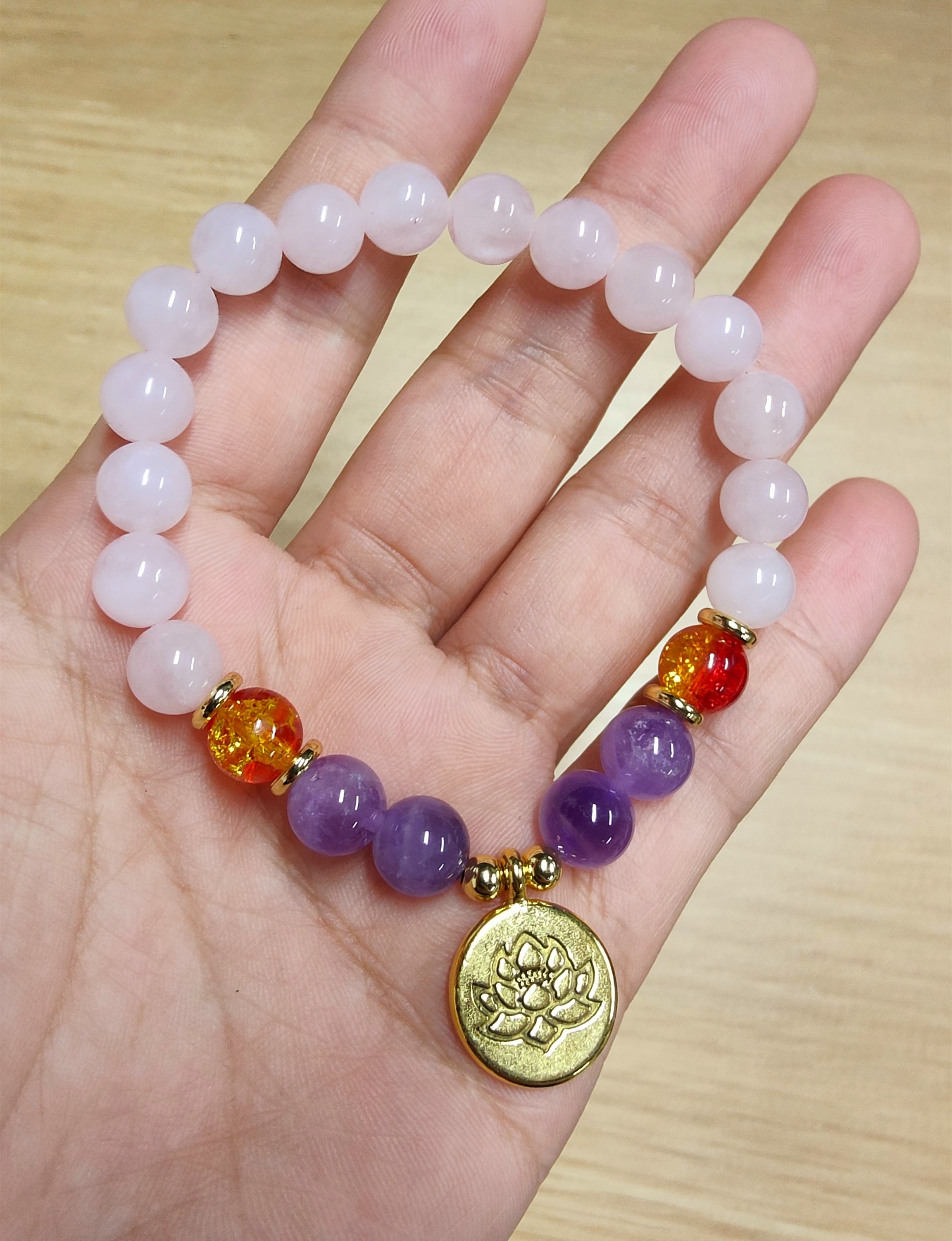 8mm Natural Amethyst & Rose Quartz Beads Bracelet, Gold Plated Brass Lotus Charm, Healing Crystal Stone, Meditation Protection Inspiring Gemstone Bracelet Jewelry