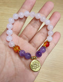 Rose Quartz & Amethyst Beads Bracelet, Gold Lotus Charm Bracelet, Handmade Jewelry