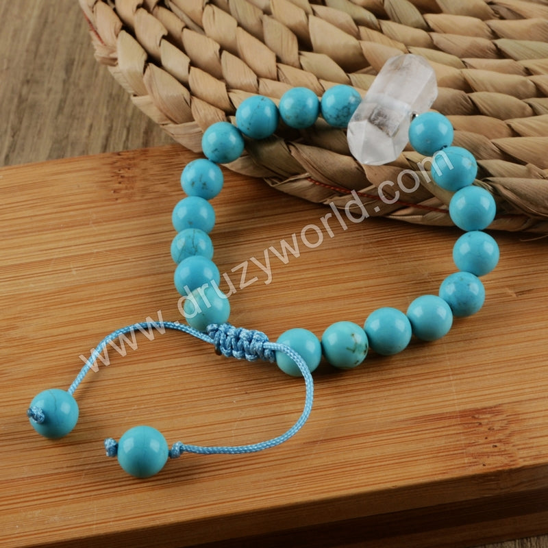 White Quartz Healing Point 8mm Blue Howlite Turquoise Beads Adjustable Bracelet HD0162