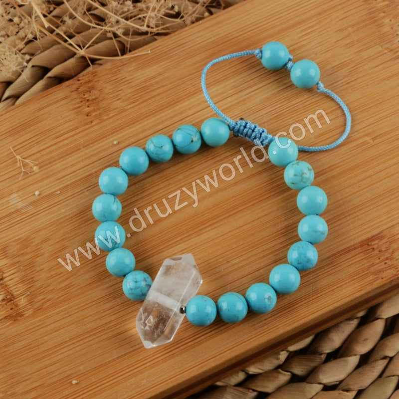 White Quartz Healing Point 8mm Blue Howlite Turquoise Beads Adjustable Bracelet HD0162