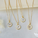 16" Zodiac Necklaces,Gold Round White Shell Carved Constellation Necklace, Sea Shell Beach Shell Coin Jewelry KZ010