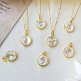 16" Gold Plated Round White Shell Carved Birth Month Flower Necklace, Beach Shell Jewelry KZ009