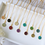 Personalized 16" Gold Plated Bezel Round Rainbow Gemstone Letter Necklace, Turquoise Rhodonite Amethyst Necklace KZ036-N