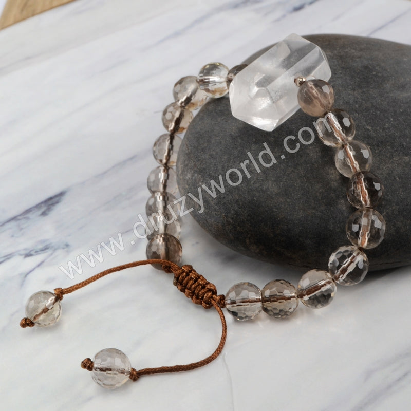 White Quartz Healing Point 8mm Smoky Quartz Beads Adjustable Bracelet  HD0165