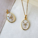 Wholesale Gold Plated Oval White Shell Carved Scorpion Pendant Necklace, Natural Shell Jewelry KZ008