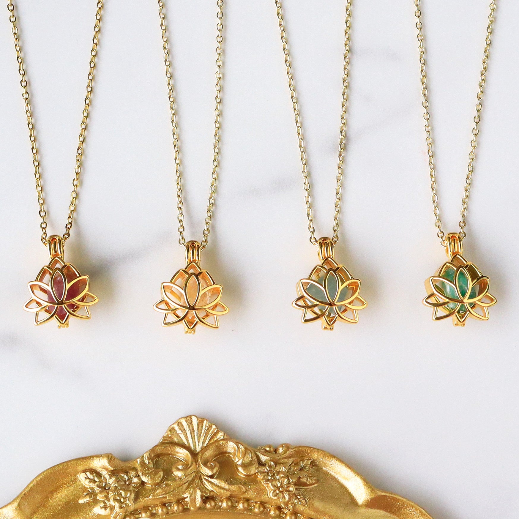 16" Gold Plated Hollow Lotus With Natural Raw Crystal Necklace, Birthstone Necklace, Gemstone Necklace Jewelry BT011