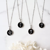 Silver Round Black Obsidian Carved Birth Month Flower Pendant Necklace, Natural Gemstone Coin Jewelry KZ014