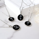 Silver Round Black Obsidian Carved Birth Month Flower Pendant Necklace, Natural Gemstone Coin Jewelry KZ014