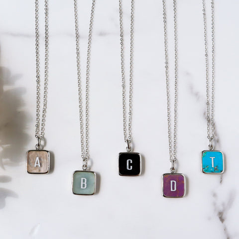 Personalized 16" Square Silver Plated Bezel Rainbow Gemstone Letter Necklace, You Choose Stone and Letter KZ013-N