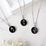 Silver Round Black Obsidian Carved Birth Month Flower Pendant Necklace, Natural Gemstone Coin Jewelry KZ014